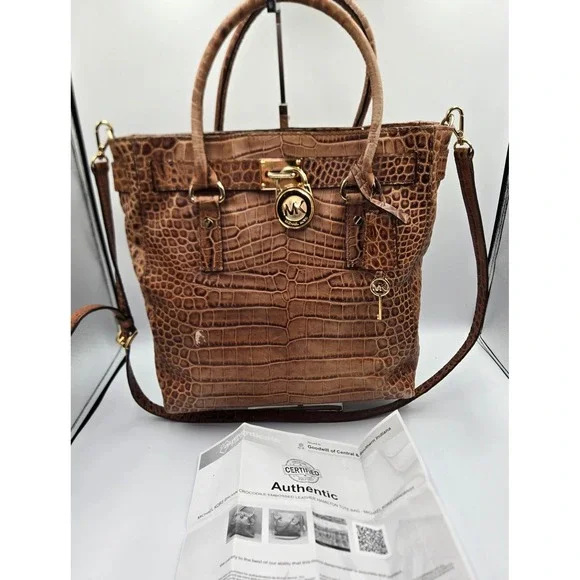 Michael‎ Kors Crocodile Embossed Leather Tote Shoulder Bag Brown Gold Lock Key - Picture 7 of 12
